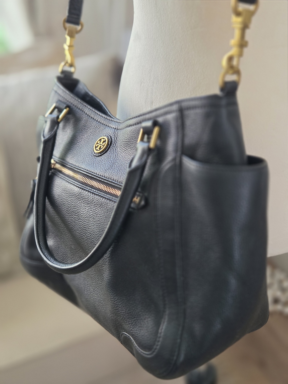 Tory Burch Black Pebbled Leather Shoulder Bag with Gold Hardware